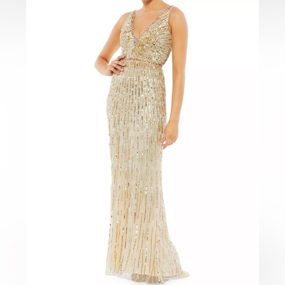 NWOT Mac Duggal cream beaded gown